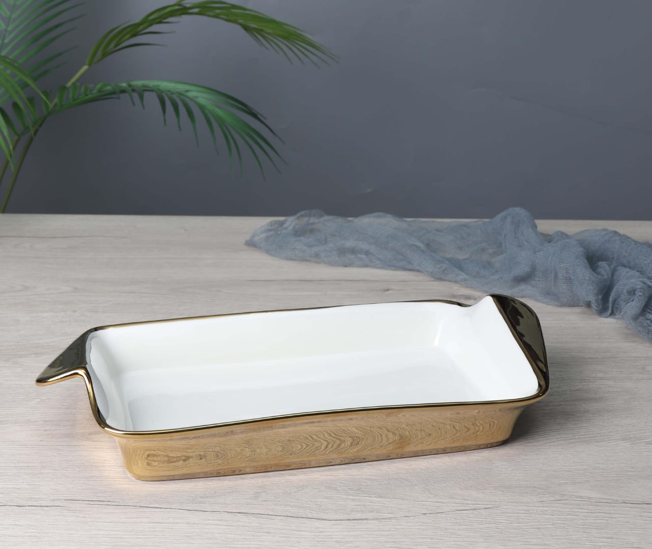 Rectangular Ceramic Baking Dish With Gold Rim