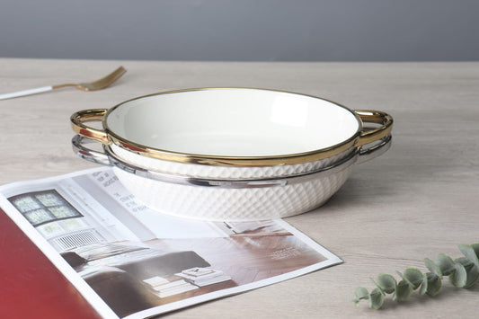 Nordic Ceramic Oval Baking Dish With Golden And Silver Edges