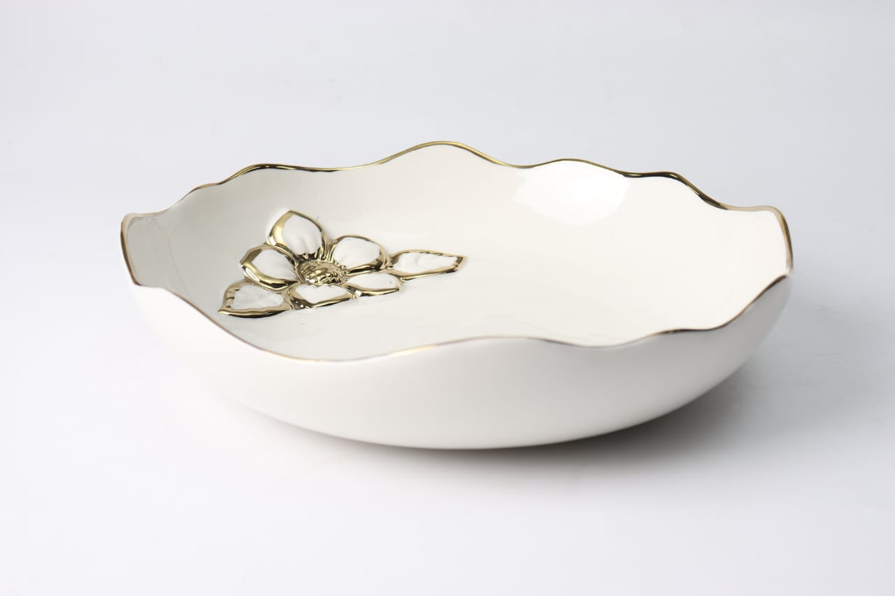 Ceramic Flower Deep Plate With Gold Edges