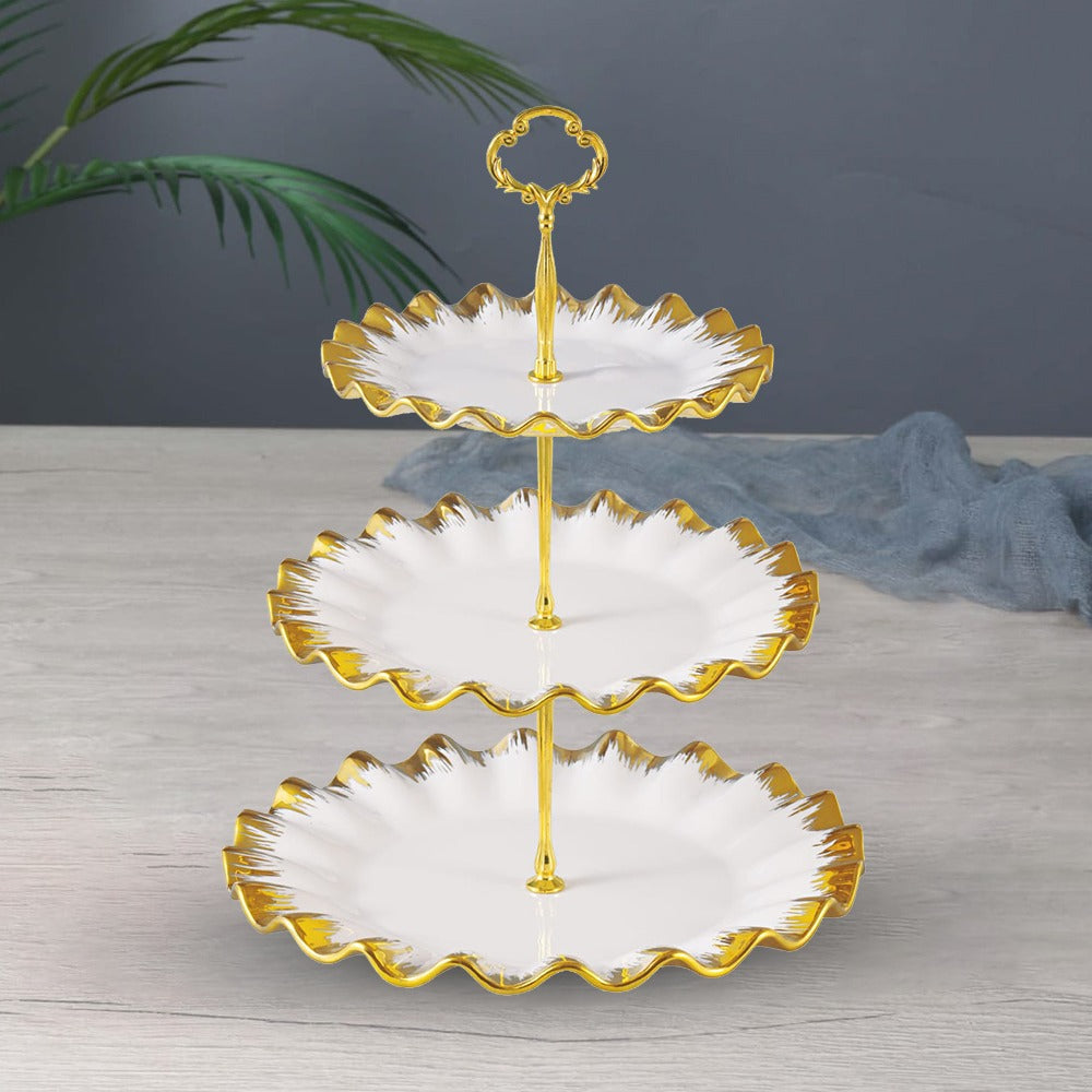 3 Tier Ribbed Edges Cake Stand with Metal Handles