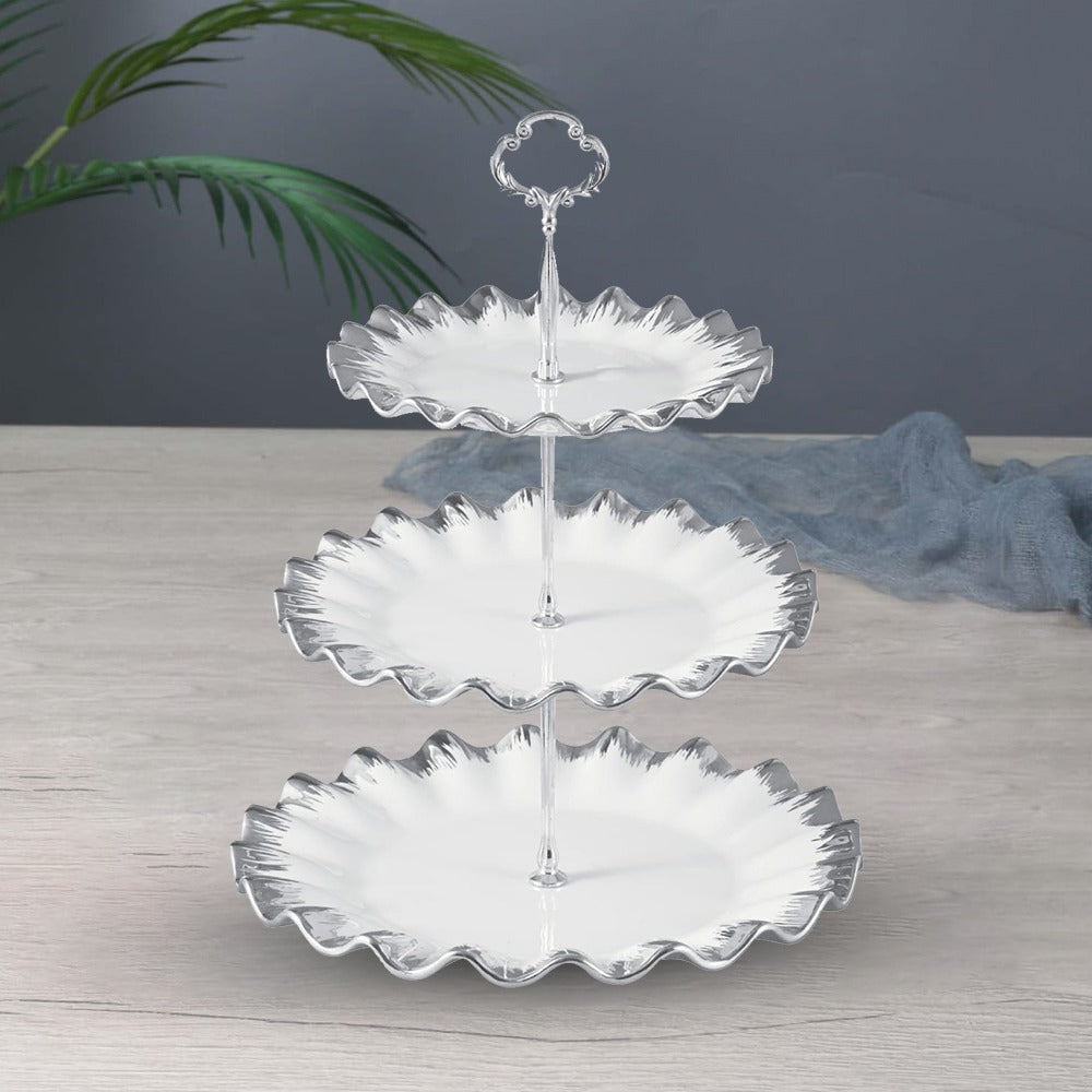 3 Tier Ribbed Edges Cake Stand with Metal Handles