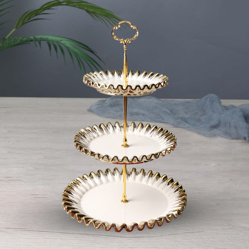 3 Tier Ribbed Edges Cake Stand with Metal Handles