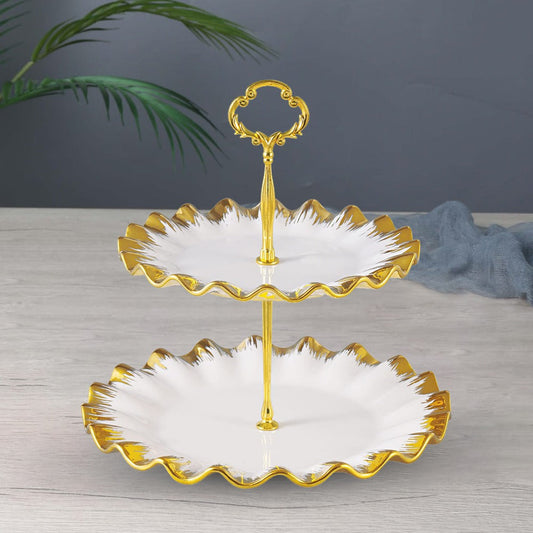 Luxury Two-layer White Cake Stand with Metal Handles