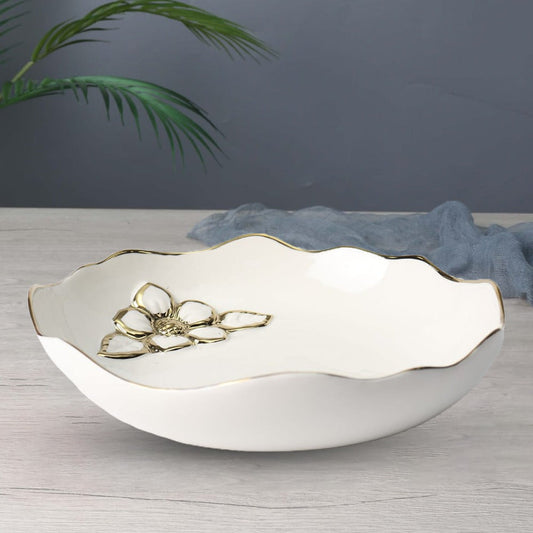 Ceramic Flower Deep Plate With Gold Edges