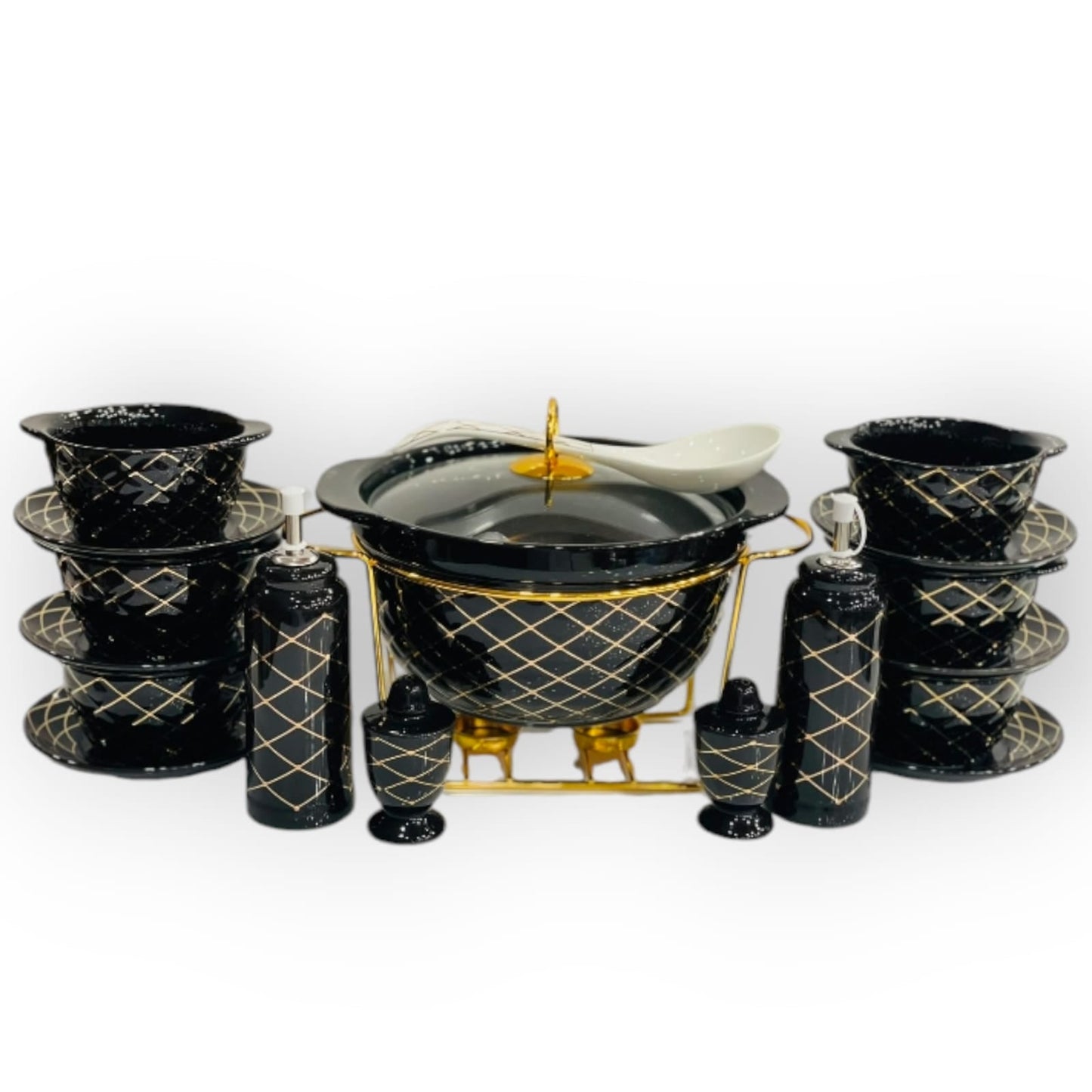 Cheque Patterned  Porcelain Soup Set With Golden Stand