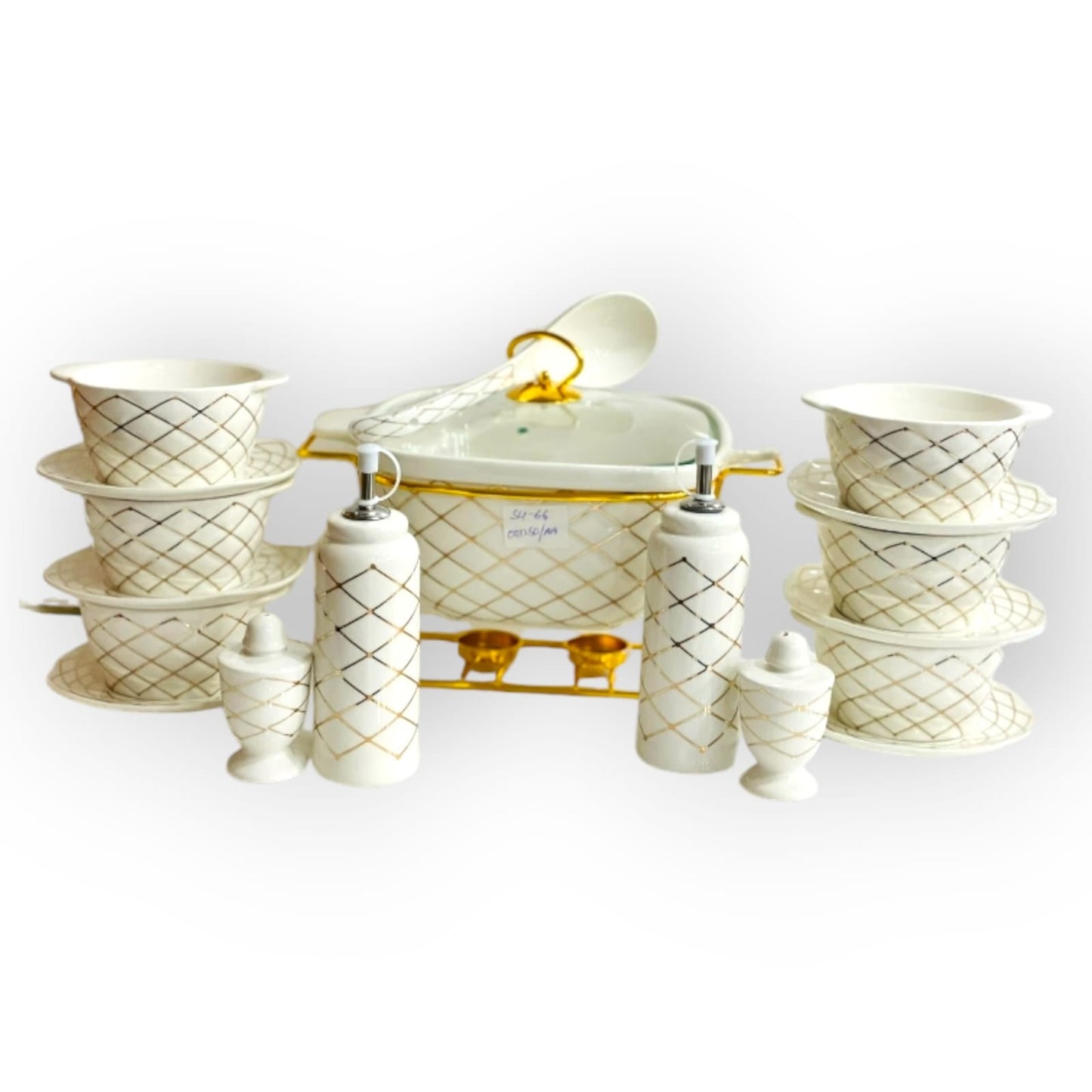 Cheque Patterned  Porcelain Soup Set With Golden Stand