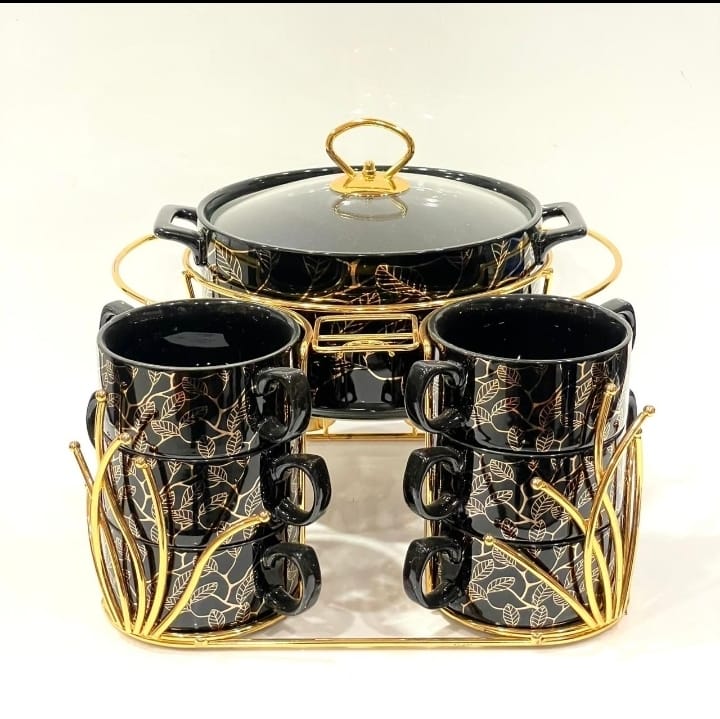 Flower Patterned Serving Soup Set With Golden Stand