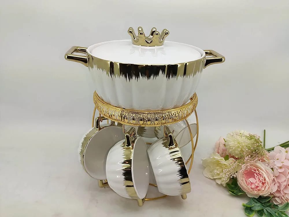 Bone China Ceramic Soup Set With Golden stand