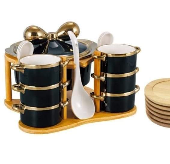 Golden Edges Ceramic Soup Set with Wooden Stand