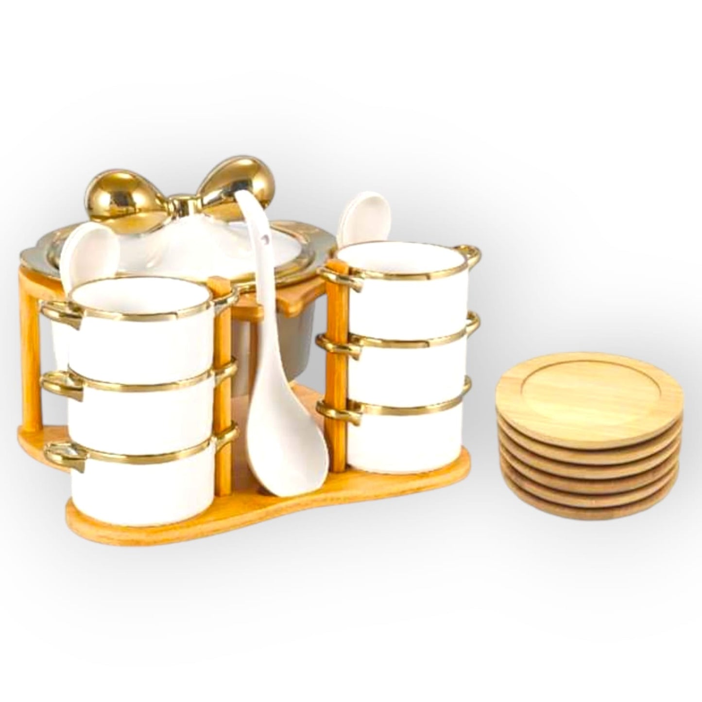 Golden Edges Ceramic Soup Set with Wooden Stand