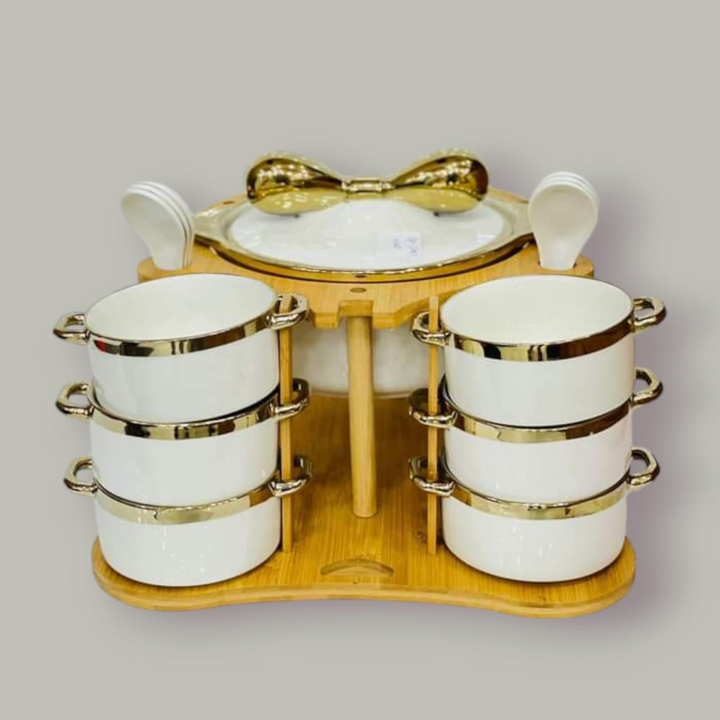 Golden Edges Ceramic Soup Set with Wooden Stand