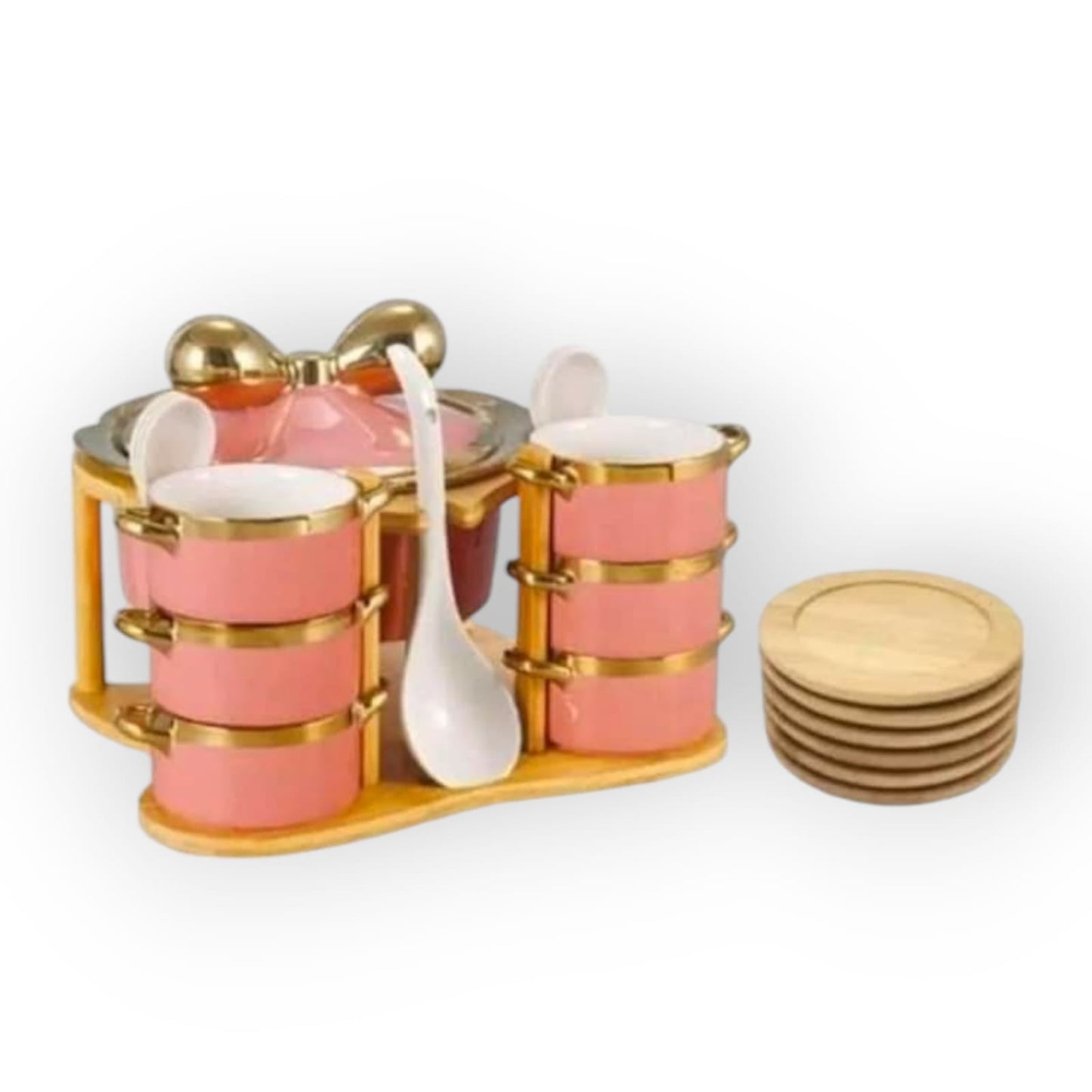 Golden Edges Ceramic Soup Set with Wooden Stand